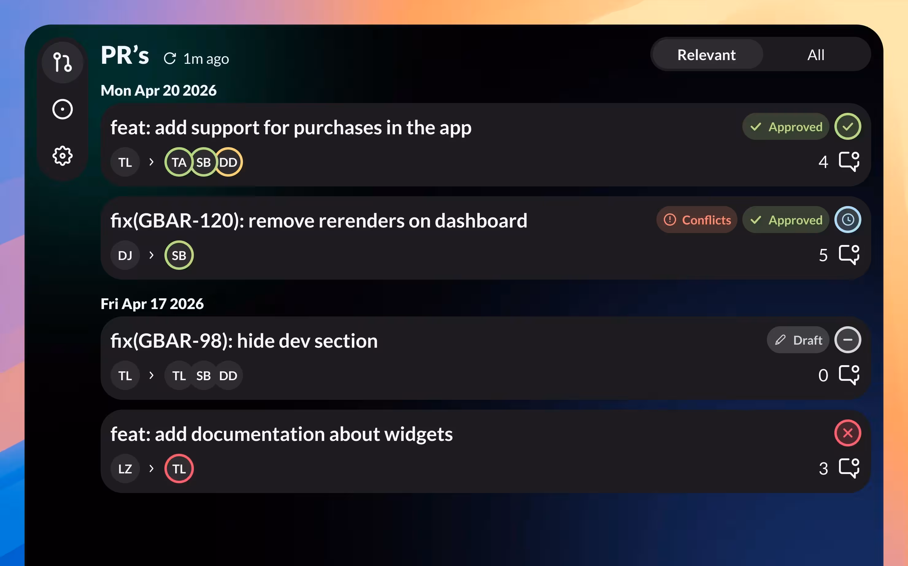 GitBar menubar app showing pull requests